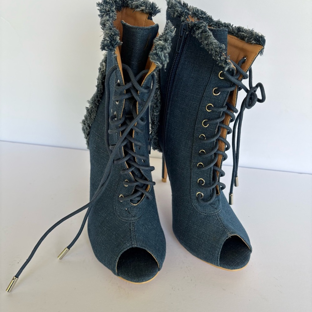 Bella Marie Denim Lace-Up Peep Toe Boots